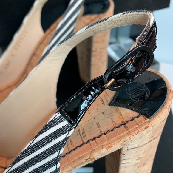 CHANEL Shoes Black White Striped Platform Cork Canvas Patent Slingback CC Heels - Picture 7 of 16